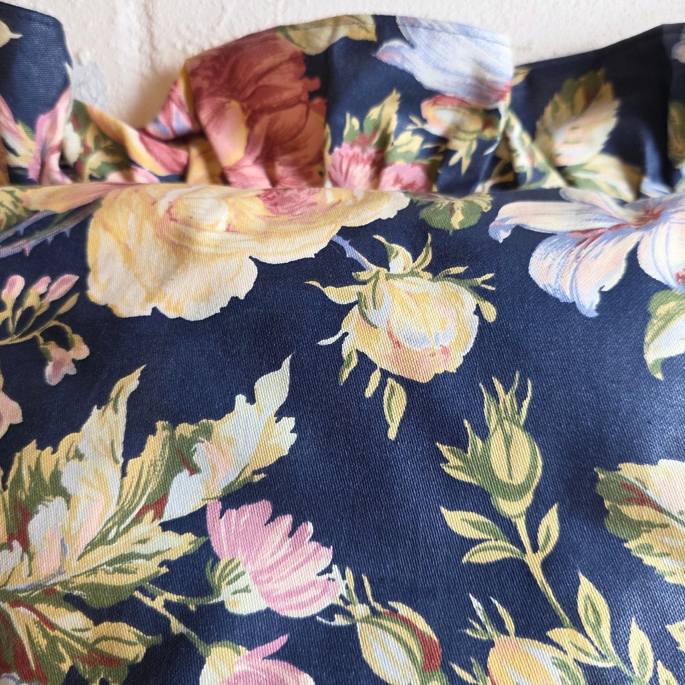 Vintage Floral Ruffled Throw Pillow Navy Blue Pink Botanical Cottagecore - Picture 3 of 9